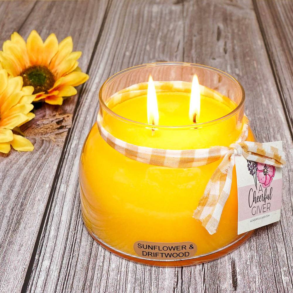 Sunflower & Driftwood Scented Candle - 22 oz, Double Wick, Mama Jar - Cheerful Candle Israel