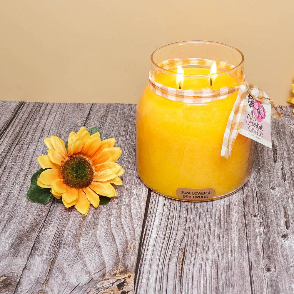 Sunflower & Driftwood Scented Candle - 34 oz, Double Wick, Papa Jar - Cheerful Candle Israel