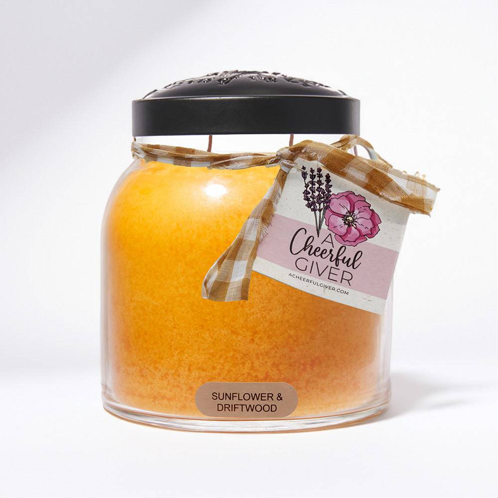 Sunflower & Driftwood Scented Candle - 34 oz, Double Wick, Papa Jar - Cheerful Candle Israel