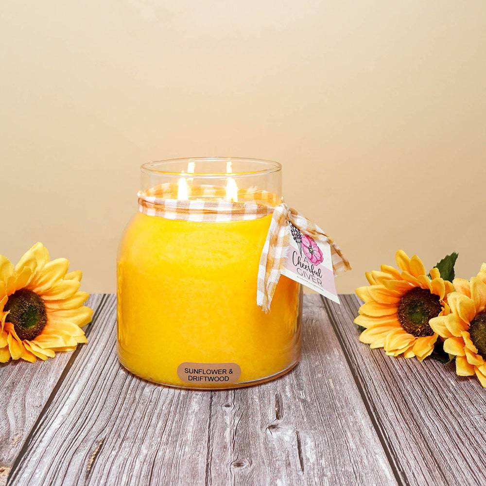 Sunflower & Driftwood Scented Candle - 34 oz, Double Wick, Papa Jar - Cheerful Candle Israel