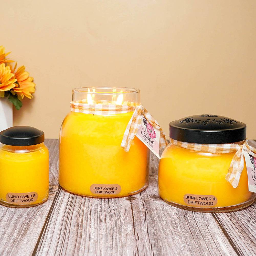 Sunflower & Driftwood Scented Candle - 34 oz, Double Wick, Papa Jar - Cheerful Candle Israel