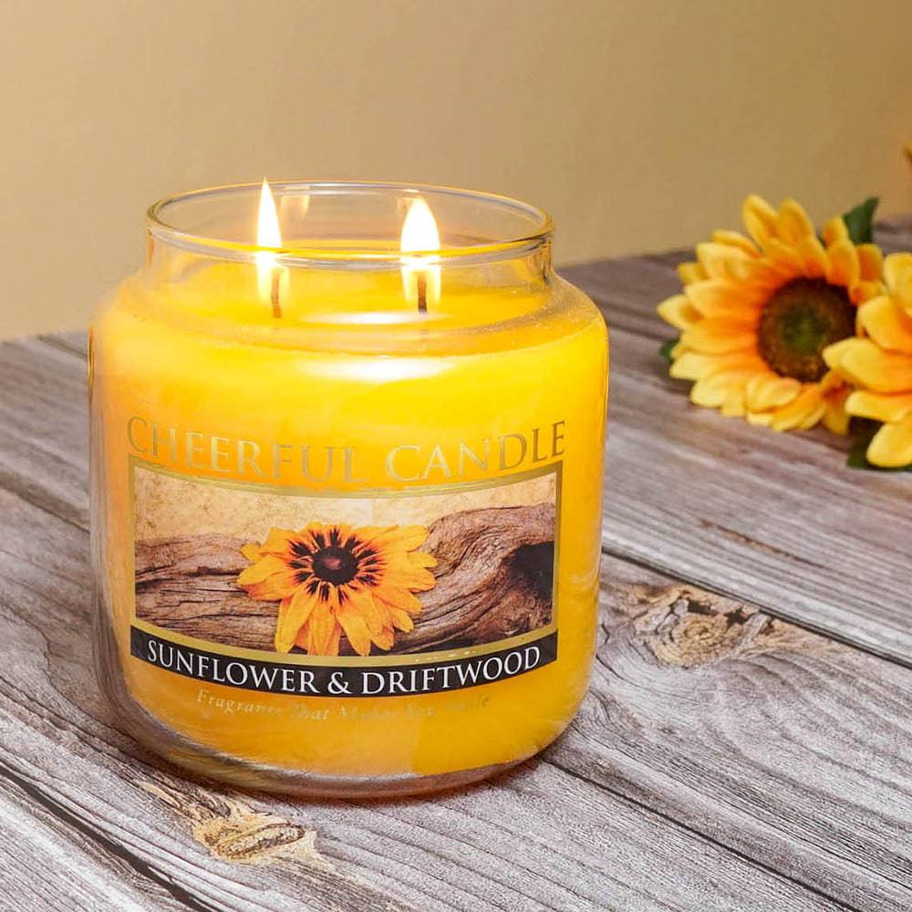 Sunflower & Driftwood Scented Candle -16 oz, Double Wick, Cheerful Candle - Cheerful Candle Israel