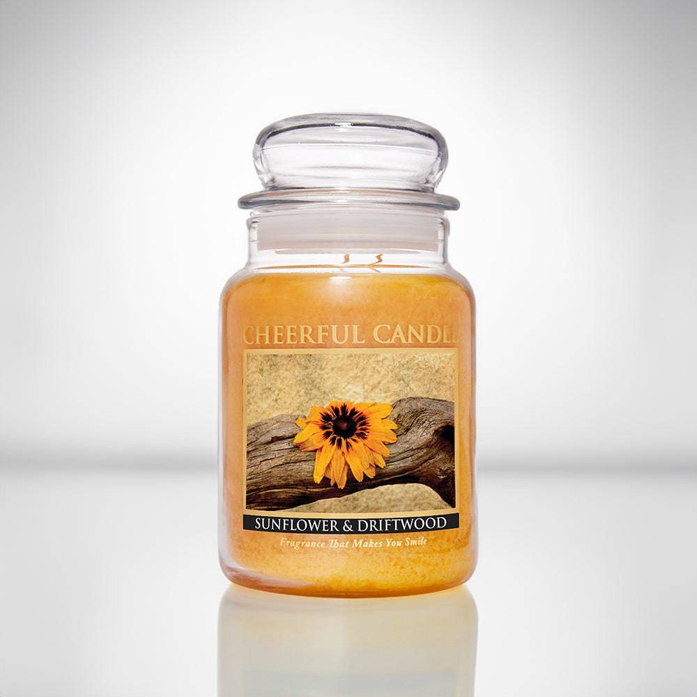 Sunflower & Driftwood Scented Candle -24 oz, Double Wick, Cheerful Candle - Cheerful Candle Israel