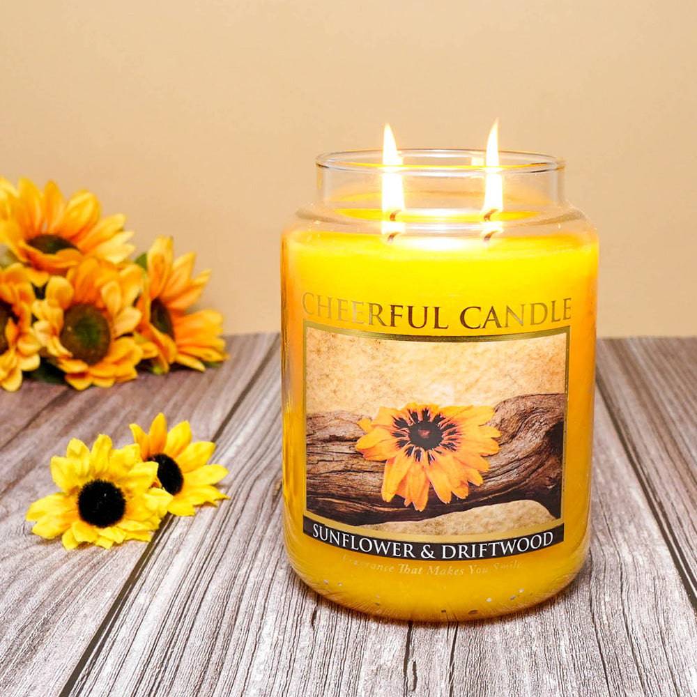 Sunflower & Driftwood Scented Candle -24 oz, Double Wick, Cheerful Candle - Cheerful Candle Israel