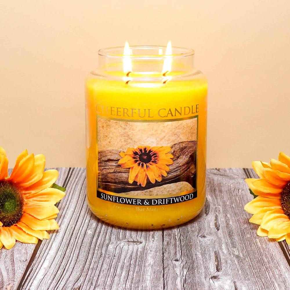 Sunflower & Driftwood Scented Candle -24 oz, Double Wick, Cheerful Candle - Cheerful Candle Israel