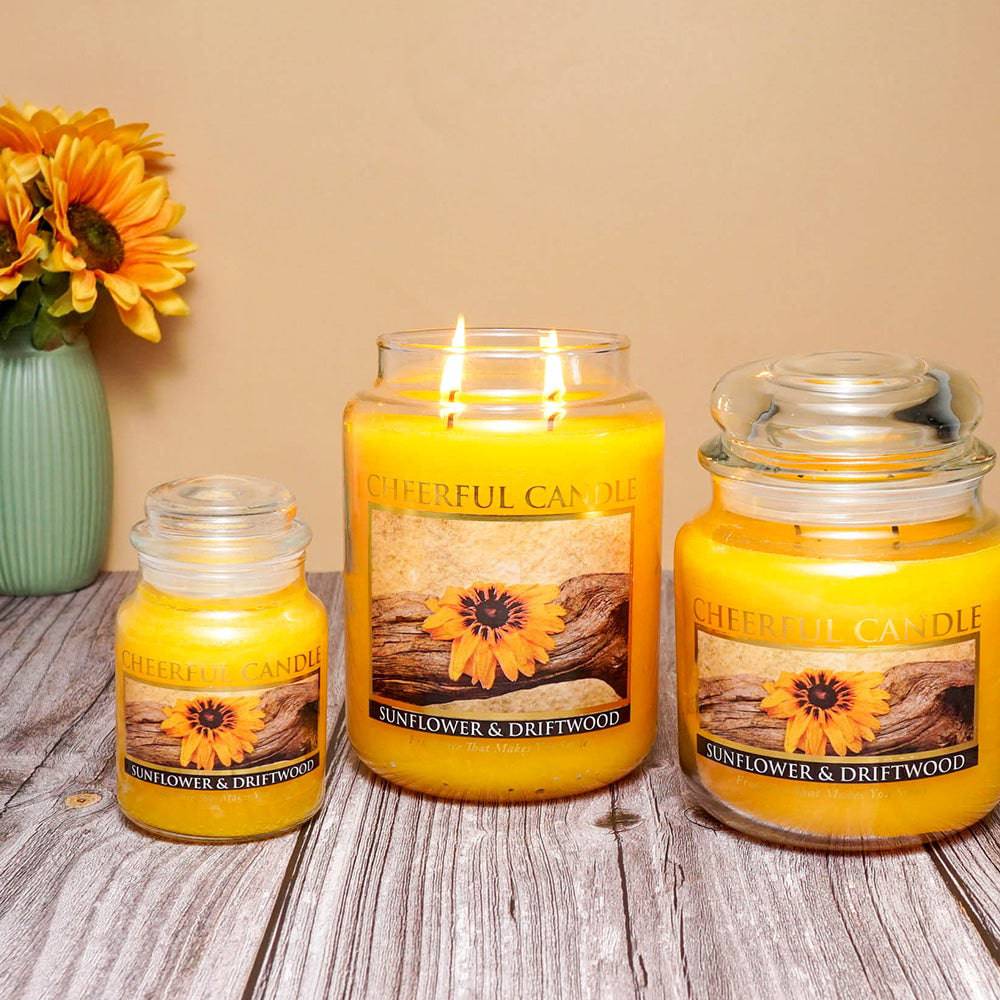 Sunflower & Driftwood Scented Candle -24 oz, Double Wick, Cheerful Candle - Cheerful Candle Israel